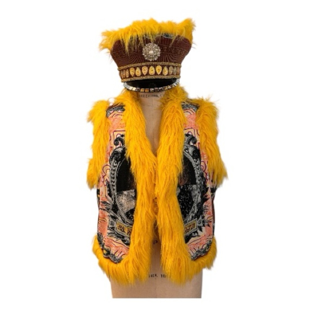 Reversible faux fur vest with matching captain hat. Burningman vest & hat size L - Picture 2 of 7